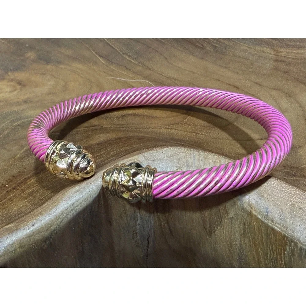 Pink Gold Twisted Cable Cuff Bracelet Studded End Cap Bangle 6.5 Inch